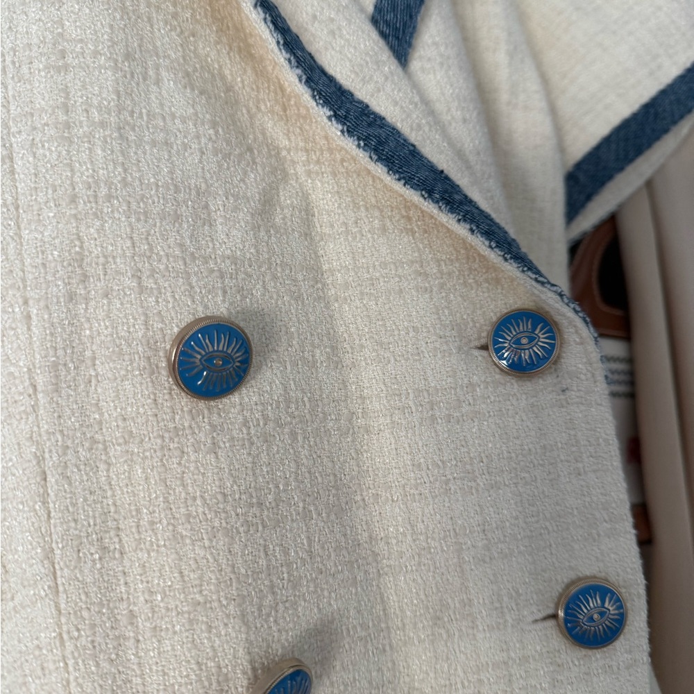 Sandro Cream Mini Dress with Blue Trim - Picture 3 of 6